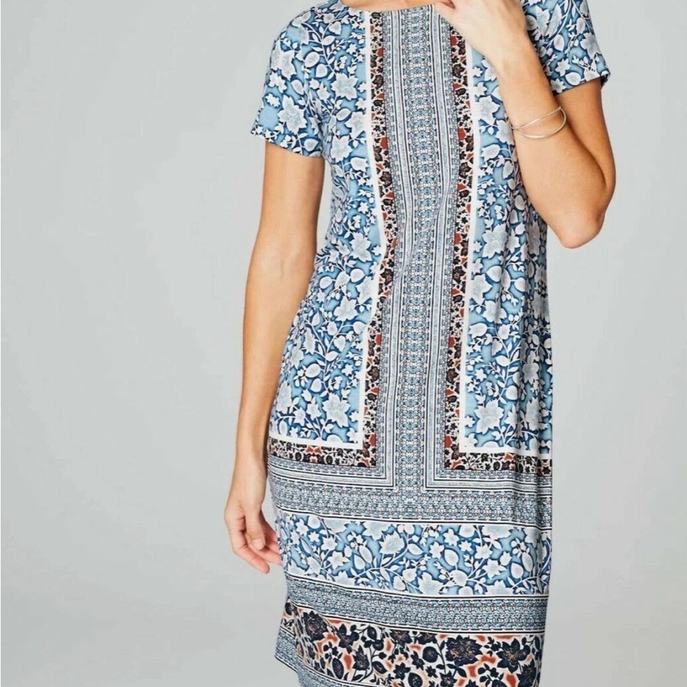 J Jill Blue Brown Mixed Print Floral Dress Size Medium